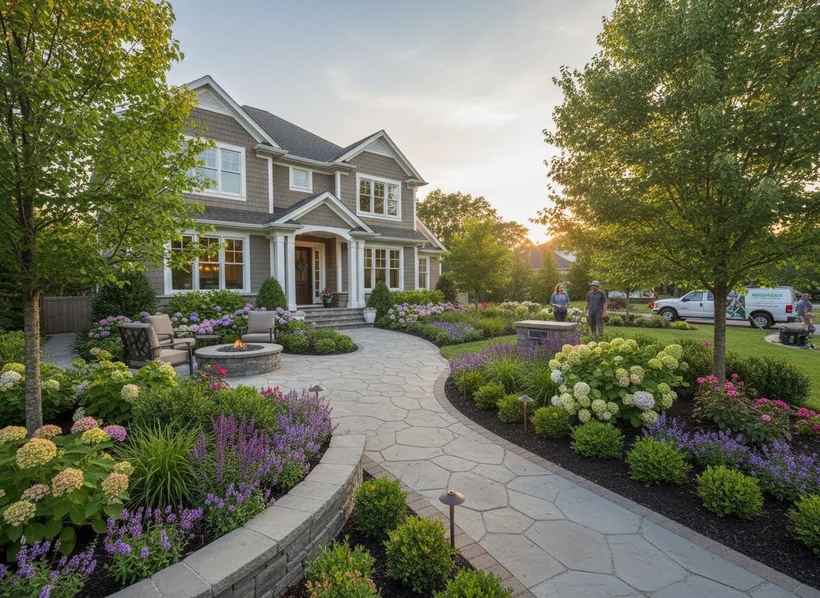 Luxury Home with Extensive Landscaping and Outdoor Fire Pit at Sunset