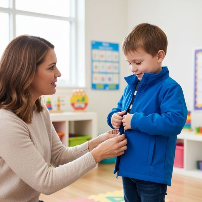 Child zipping their jacket, demonstrating self-care and increased independence Child zipping their jacket, demonstrating self-care and increased independence