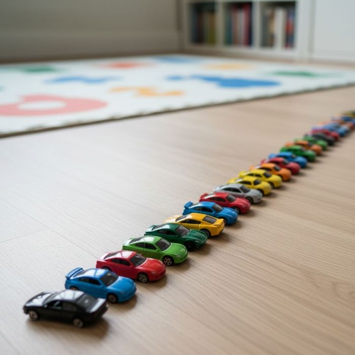 A perfect line of small, colorful toy cars indicating a restricted interest or repetitive play. A perfect line of small, colorful toy cars indicating a restricted interest or repetitive play.