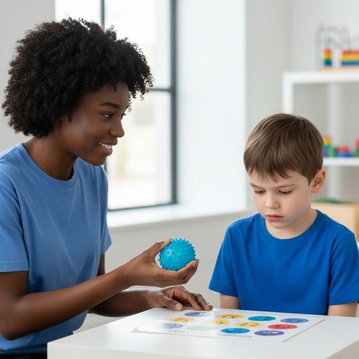 Female therapist offering a sensory stress ball to a child with a thoughtful or slightly distressed expression, promoting emotional regulation Female therapist offering a sensory stress ball to a child with a thoughtful or slightly distressed expression, promoting emotional regulation