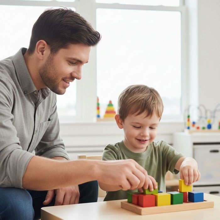 A male therapist sits with a young child who is happily stacking colorful blocks on a small table in a bright room.