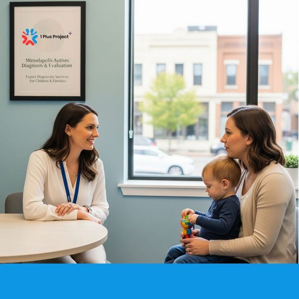 A professional with a clipboard and a friendly smile, sitting across from a parent in a bright, modern consultation room. The window behind them looks out onto a leafy Minneapolis street. The professional is making a reassuring gesture, and the parent look