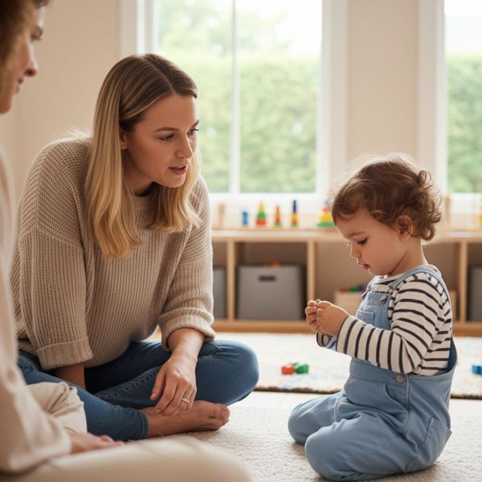 Parent gently looking at a toddler who is avoiding eye contact Parent gently looking at a toddler who is avoiding eye contact