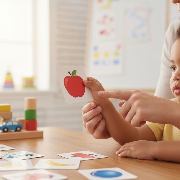 Close-up of a child's hand using a picture communication card to request an item during therapy. Close-up of a child's hand using a picture communication card to request an item during therapy.