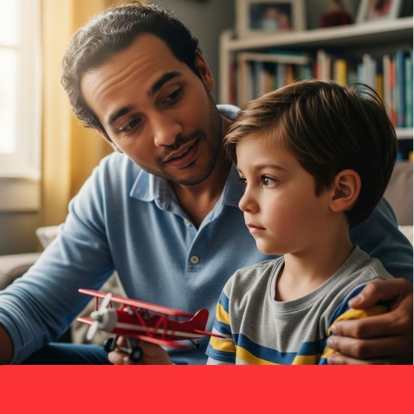 A caring parent sitting with their child, looking at them with a look of supportive concern. The child is holding a small toy airplane, but their gaze is slightly averted. The atmosphere is tender and empathetic, highlighting the parent's contemplation of 