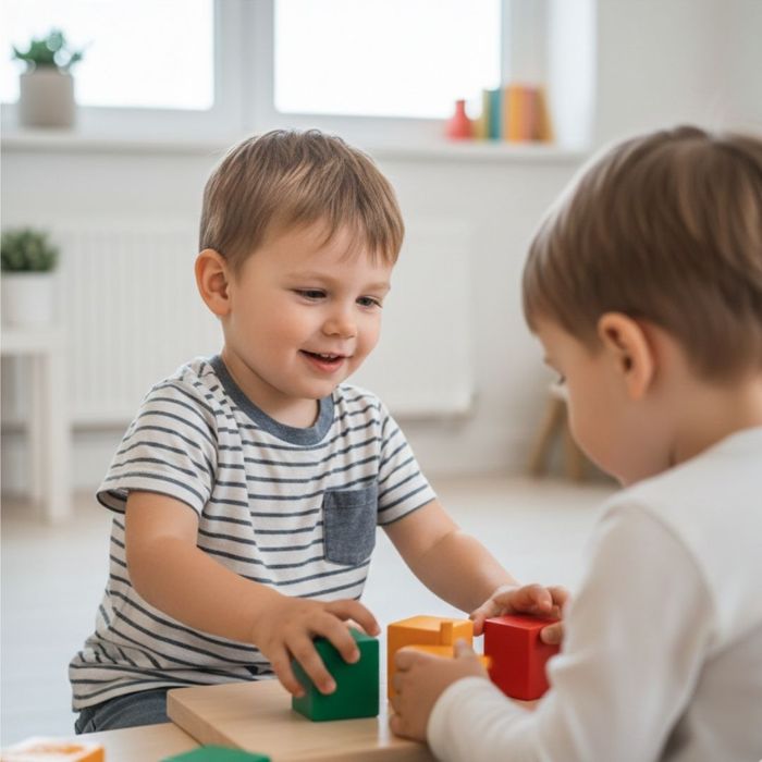 A young boy with a striped shirt smiles while playing with colorful wooden blocks on a low table, with another child out of focus opposite him.