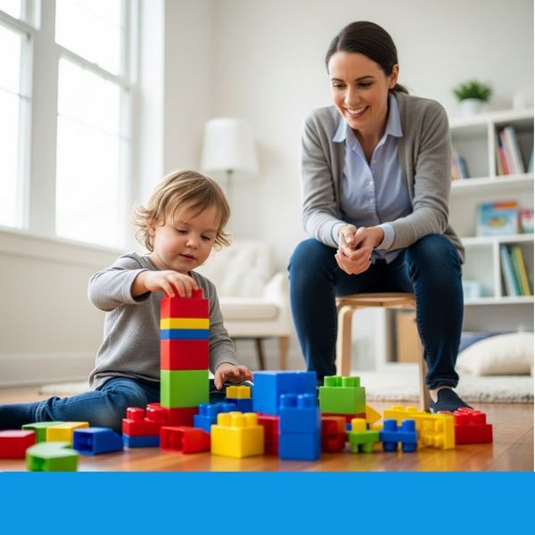 A young child playing with colorful blocks on the floor, while a professional with a friendly and caring demeanor observes them from a slight distance. The scene is brightly lit, and the focus is on the child's engagement with the toys, symbolizing a key p