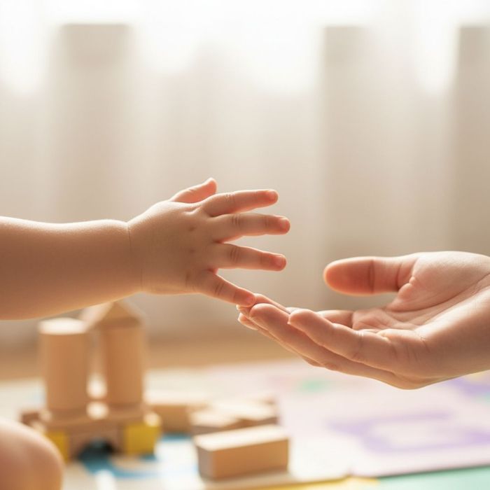 Close-up of a toddler's hand reaching toward a parent's hand for social interaction Close-up of a toddler's hand reaching toward a parent's hand for social interaction