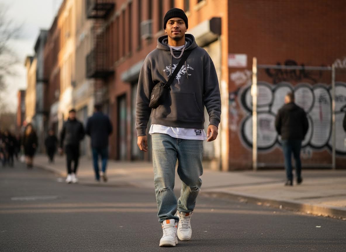 Young Man in Streetwear Walking on City Street