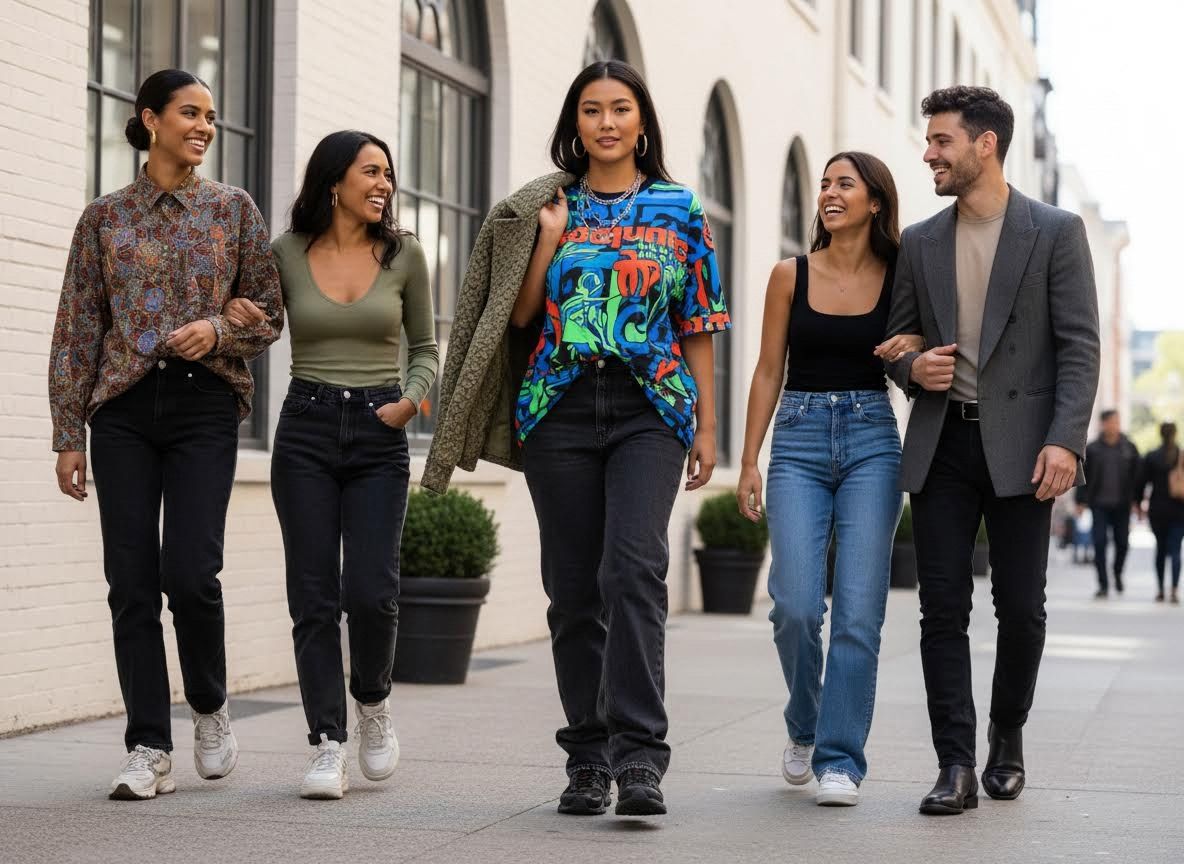 Diverse group of friends walking on a city sidewalk