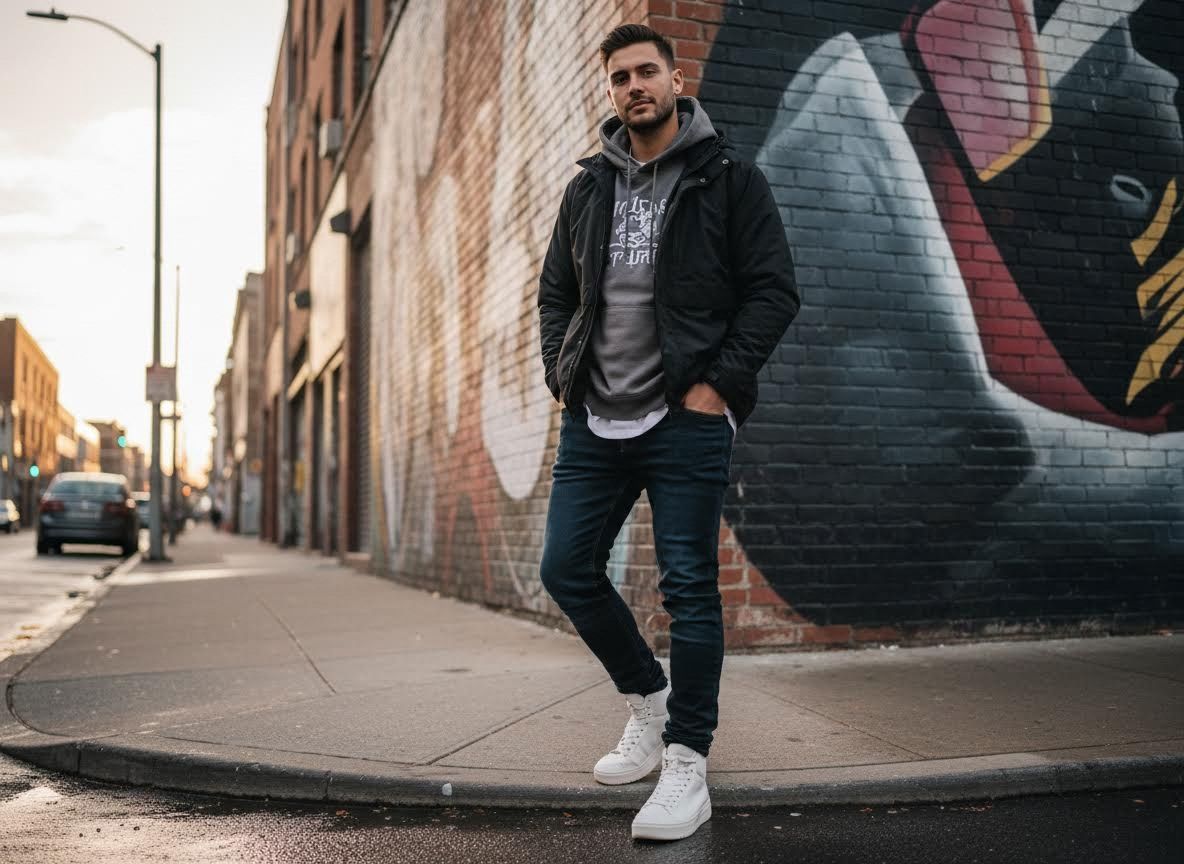 Man in black jacket and gray hoodie on urban street