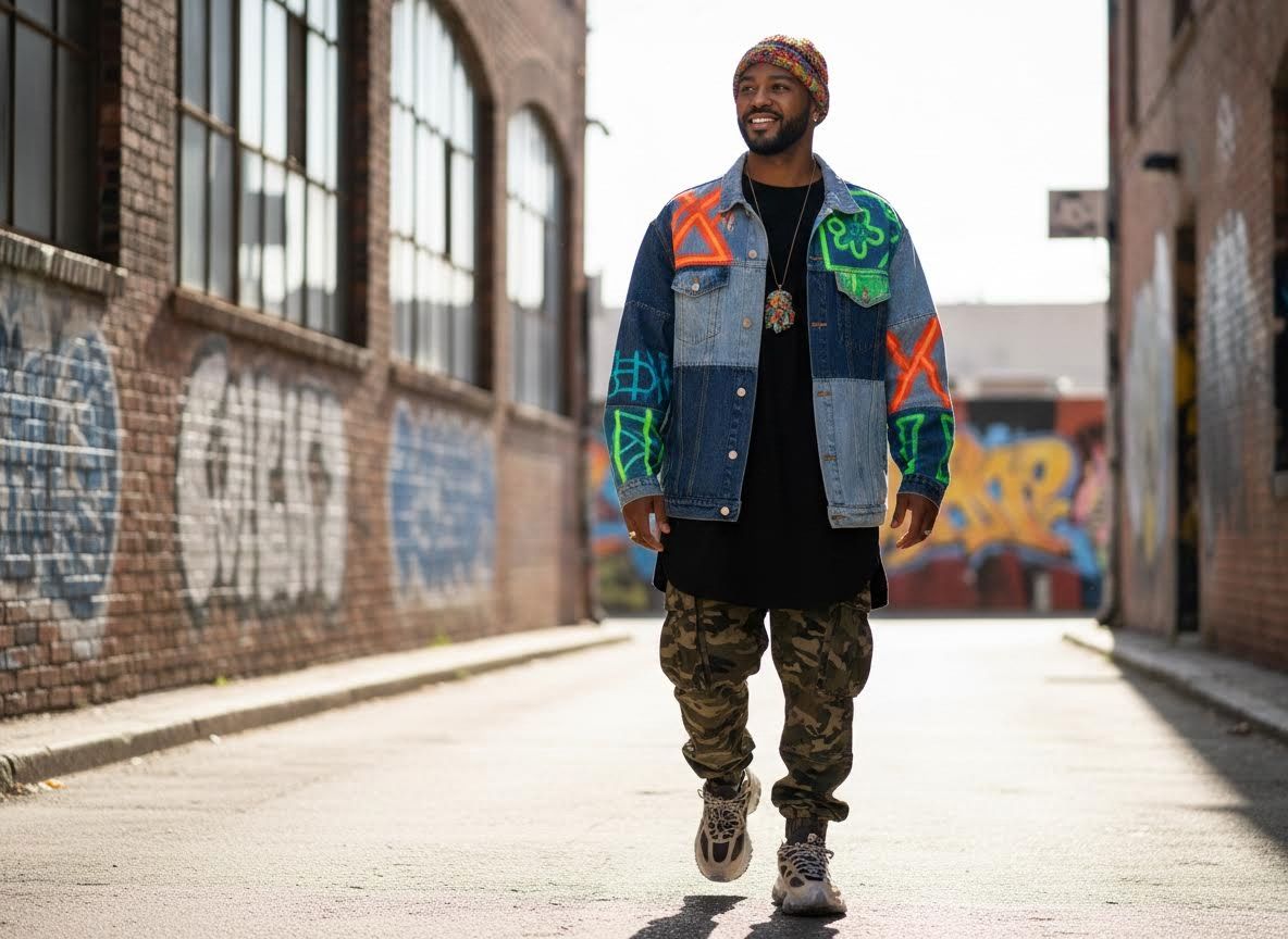 A smiling Black man in a colorful beanie, custom patchwork denim jacket, black shirt, camo pants, and sneakers walks in a sunlit alley with brick walls and graffiti. Man in Custom Denim Jacket and Beanie in Urban Alley