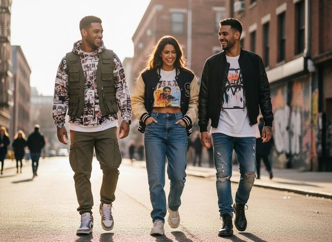 Three diverse young adults walking on a sunny city street