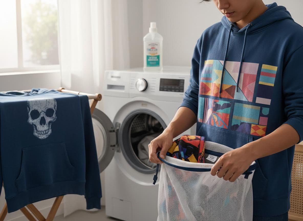 Person doing laundry with a mesh bag and special care detergent