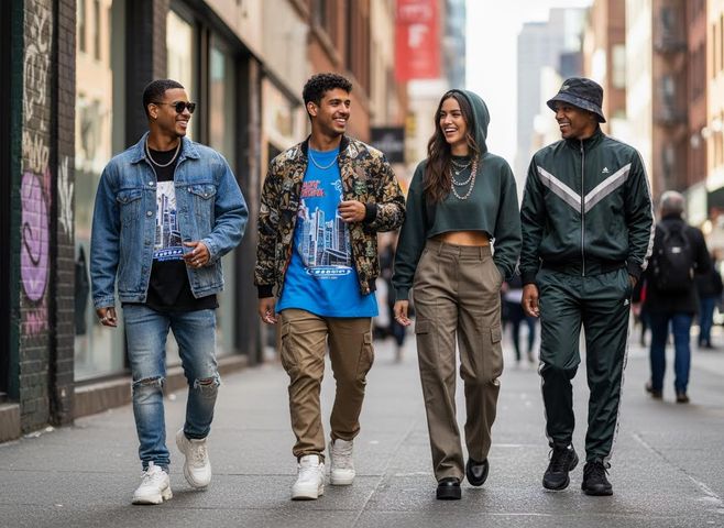 Four stylish young people walking and smiling in a vibrant city environment