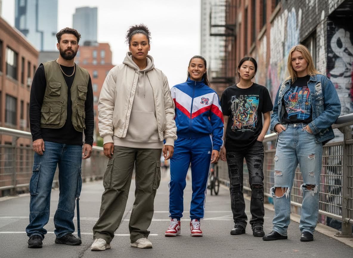 Diverse group modeling streetwear fashion on an urban bridge