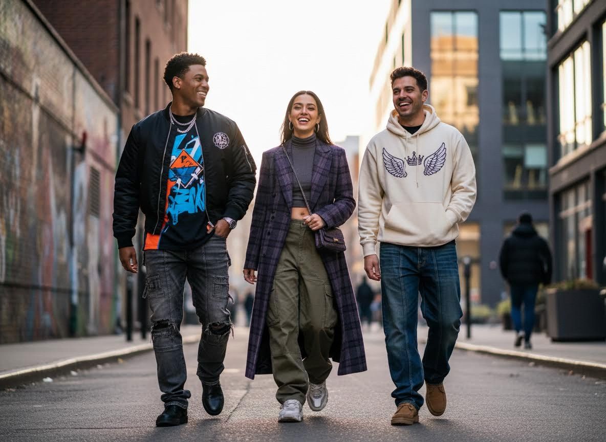 Three friends walking and laughing on a city street