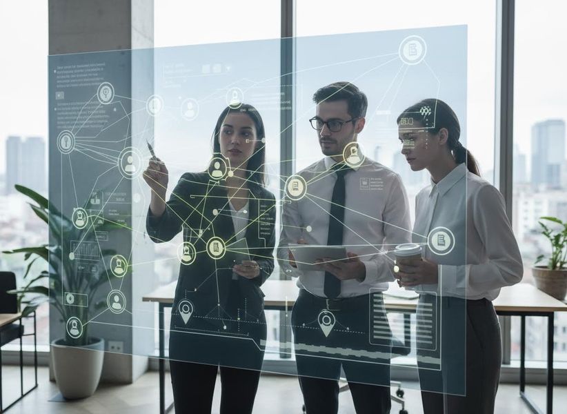 Business Team Analyzing Digital Network on Transparent Display