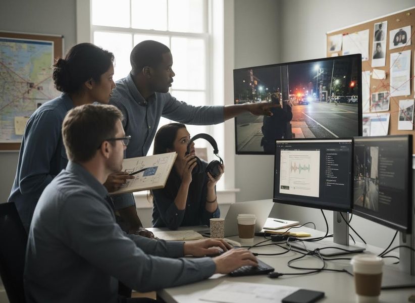 Diverse team analyzing digital evidence and surveillance footage