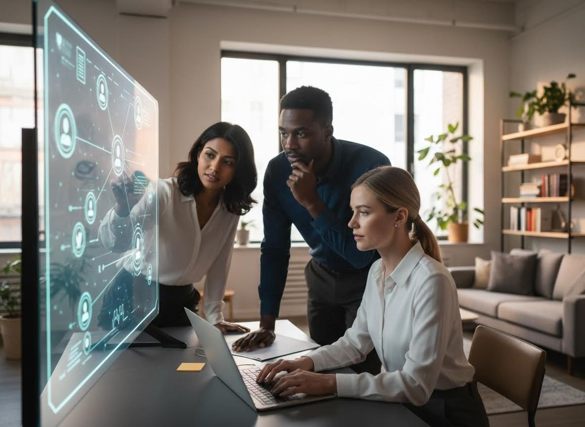 Diverse Team Collaborating with Futuristic Transparent Display