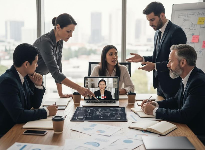 A diverse group of business professionals in a modern office conducting a hybrid meeting with a remote participant on a laptop video call. Hybrid Business Meeting Collaboration