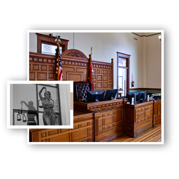 two images side by side representing courtroom testimony. 