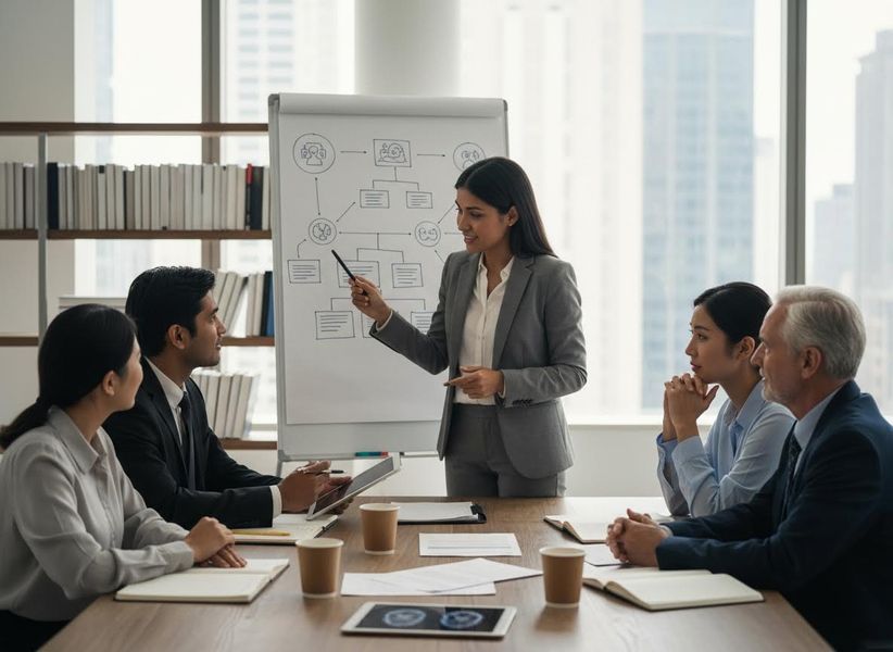 A female presenter explains a flowchart on a whiteboard to four diverse colleagues during a corporate meeting in a modern office. Business Woman Presenting Whiteboard Diagram