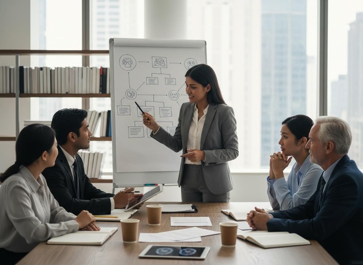 Business Woman Presenting Whiteboard Diagram