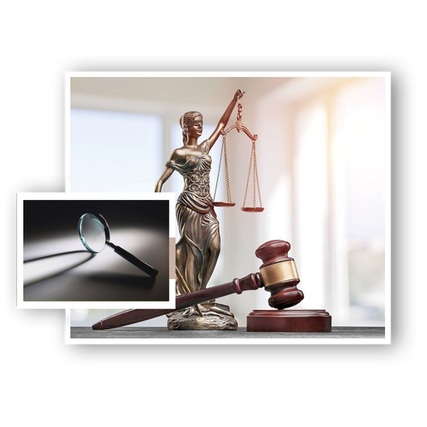 scales of justice next to a magnifying glass. 