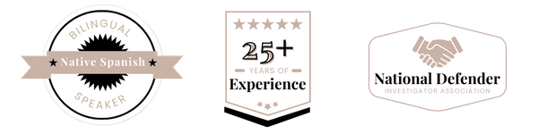 trust badges with the words bilingual native spanish speaker, 25+ years of experience, and national defender investigator association. 