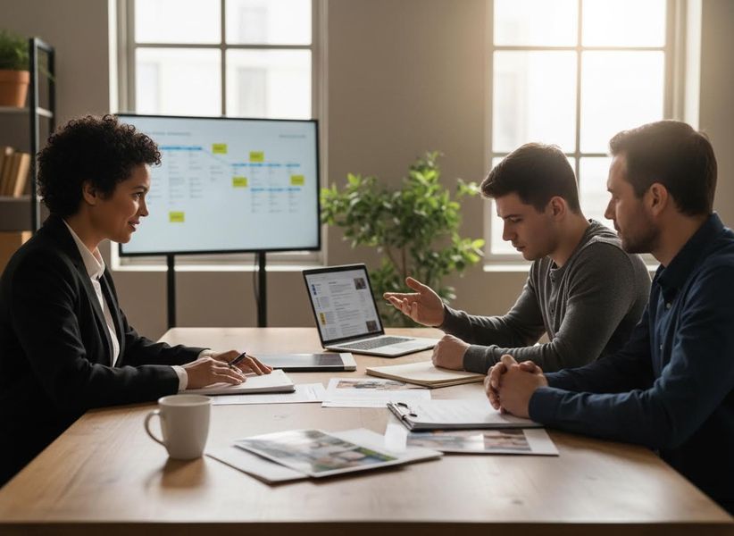 A diverse team of three people discusses project details at a modern conference table with a laptop, documents, and a large screen. Business Professionals Collaborating in a Meeting