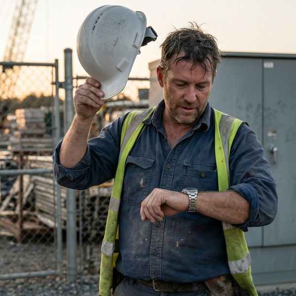 an electrician taking off his hard hat and checking his watch at the end of a shift