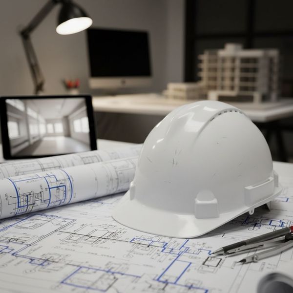 Technical blueprints and a hard hat representing the design-build and planning phase of an electrical project.