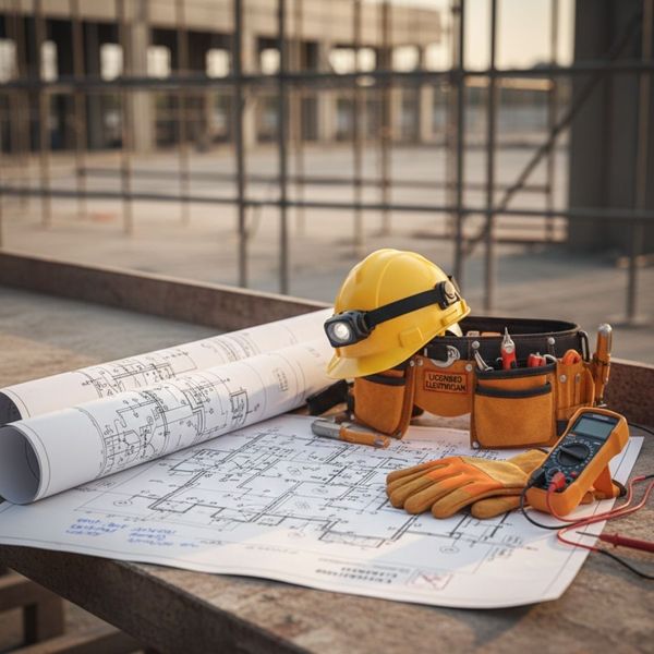 Close-up of professional electrical safety equipment and blueprints.