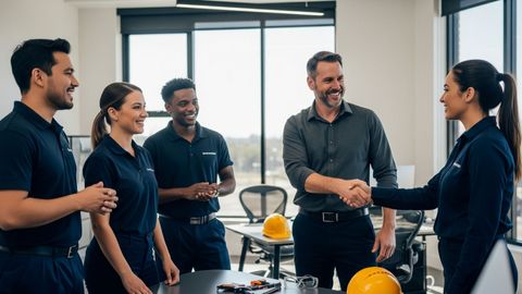 A team of professional electricians discussing blueprints with a supervisor, with tools in the background. A team of professional electricians discussing blueprints with a supervisor, with tools in the background.