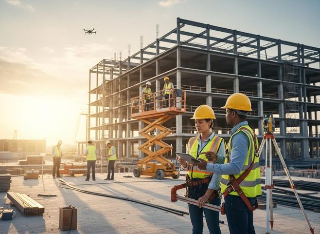 Construction Team Using Drone and Tablet at Building Site