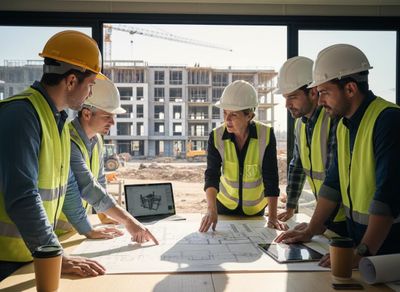 Construction Team Reviewing Blueprints On Site