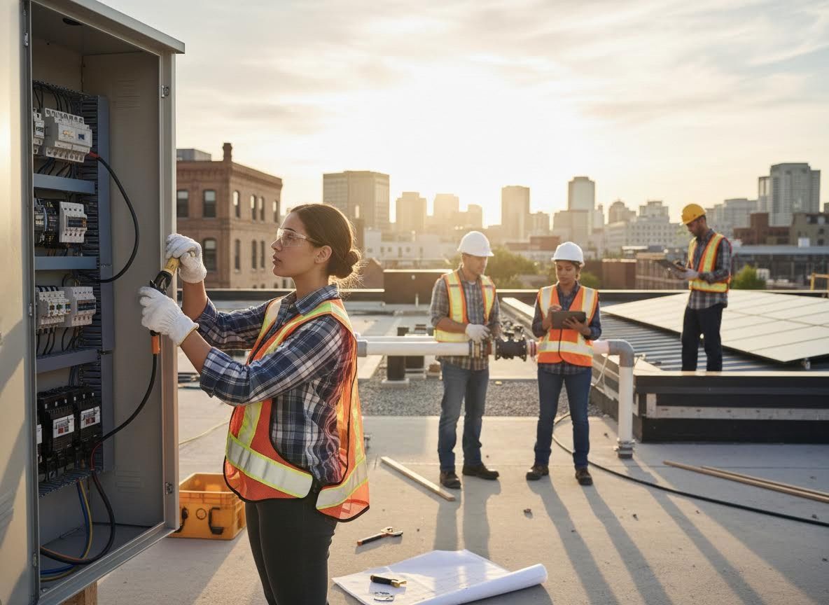 Engineers Working on Rooftop Electrical Panel