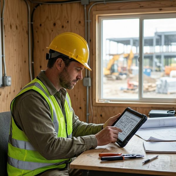 an electrician in high-visibility gear sitting at a desk