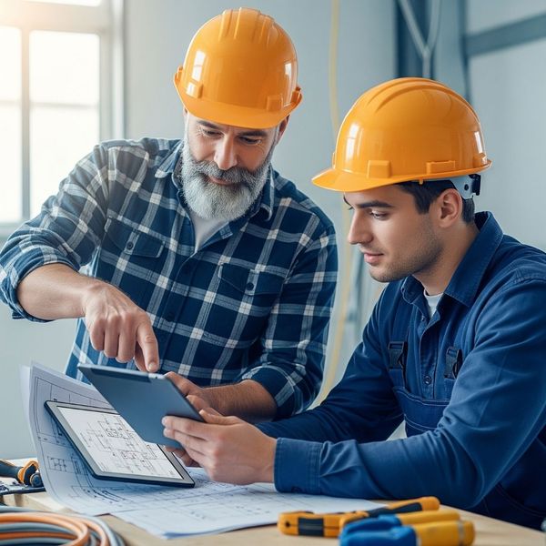 senior electrician provides on-the-job training to an apprentice using a tablet