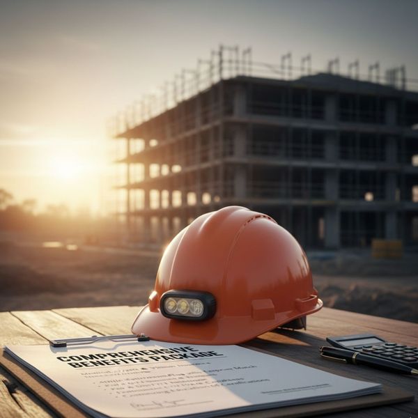 A hard hat and benefits documentation representing a comprehensive compensation package.