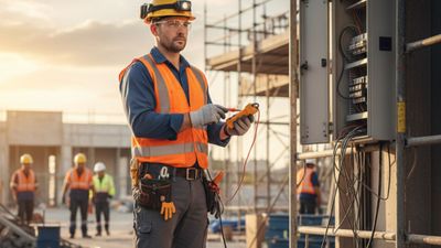 A professional licensed electrician in safety gear standing at a commercial job site. A professional licensed electrician in safety gear standing at a commercial job site.