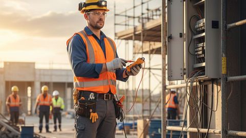 A professional licensed electrician in safety gear standing at a commercial job site. A professional licensed electrician in safety gear standing at a commercial job site.