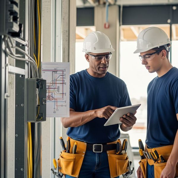 An experienced male electrician is mentoring a younger male electrician. The experienced electrician is holding a tablet and they are both looking at it. They are both wearing toolbelts and safety glasses.
