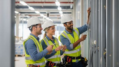 team of professional electricians in full safety gear working together 