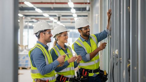 team of professional electricians in full safety gear working together