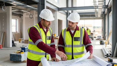 Two electricians reviewing blueprints together