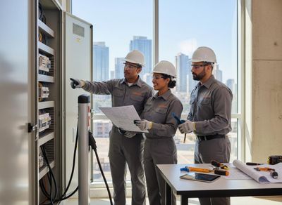 A diverse team of engineers in hard hats and uniforms inspects an electrical panel and EV charging station, reviewing blueprints in a modern setting. Engineers inspecting EV charging infrastructure