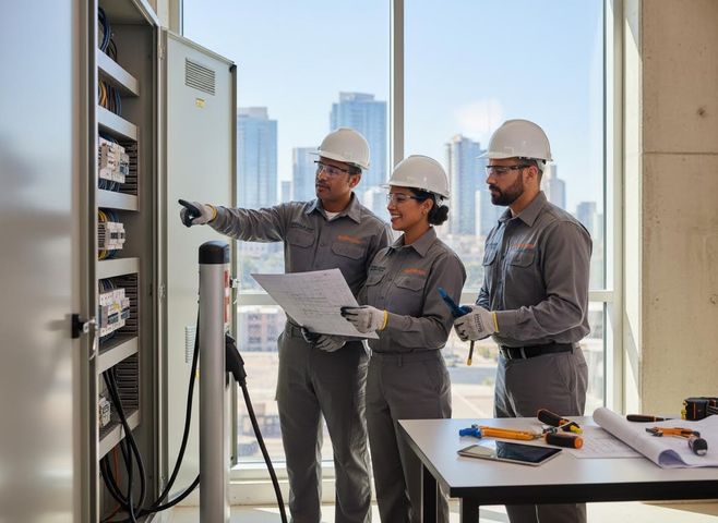A diverse team of engineers in hard hats and uniforms inspects an electrical panel and EV charging station, reviewing blueprints in a modern setting. Engineers inspecting EV charging infrastructure