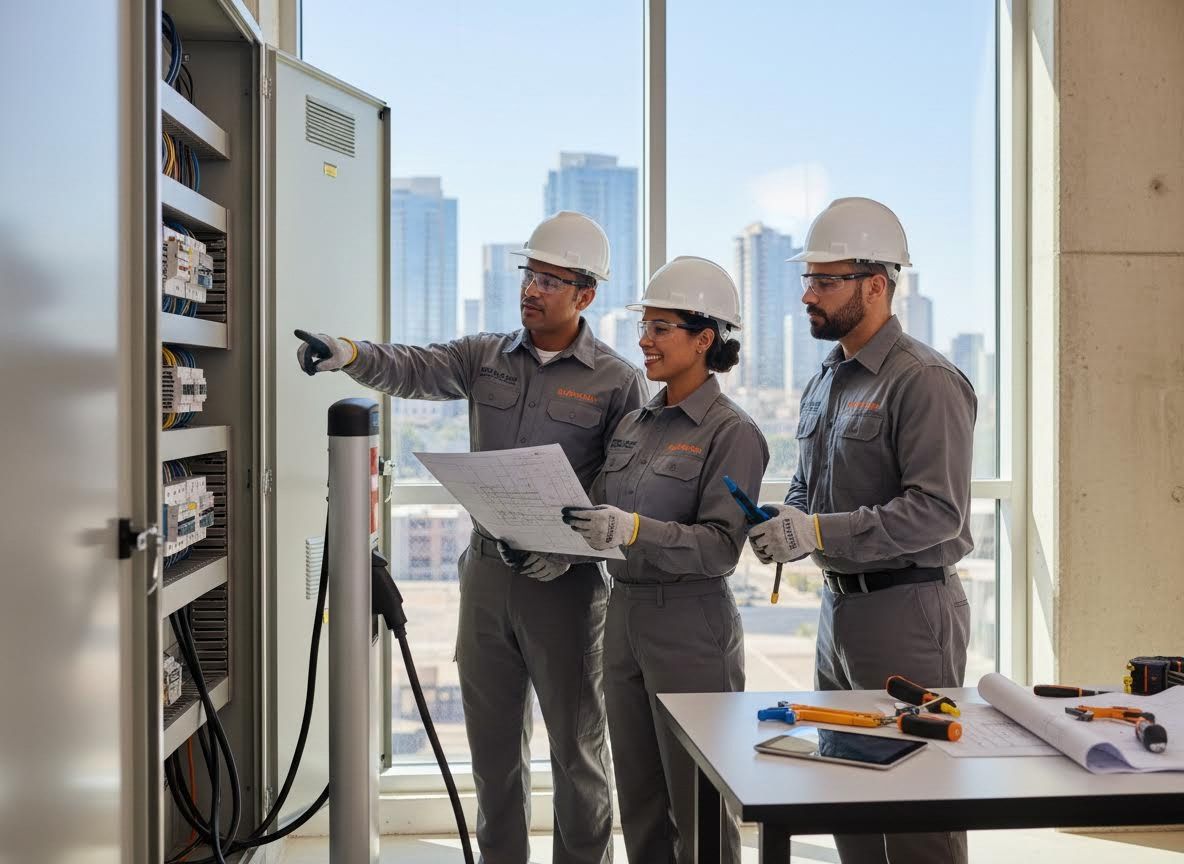 Engineers inspecting EV charging infrastructure